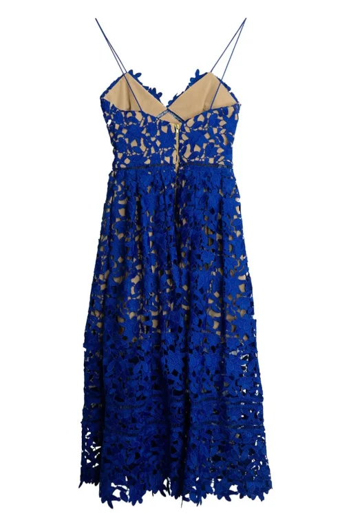Cobalt blue polyester guipure lace fit and flare illusion midi dress