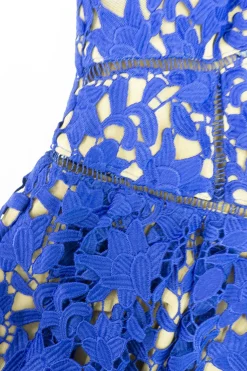 Cobalt blue polyester guipure lace fit and flare illusion midi dress