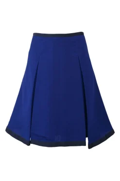 Cobalt blue polyester-blend pull-on A-line kick-pleat knee-length skirt