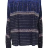 Cobalt blue shirred nylon mock neck long sleeve blouse featuring abstract motif