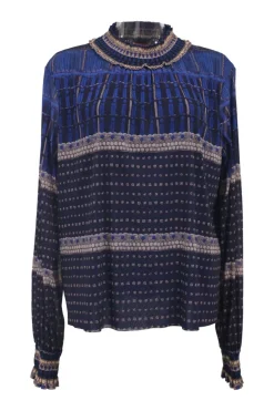 Cobalt blue shirred nylon mock neck long sleeve blouse featuring abstract motif