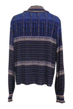 Cobalt blue shirred nylon mock neck long sleeve blouse featuring abstract motif