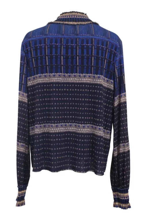 Cobalt blue shirred nylon mock neck long sleeve blouse featuring abstract motif