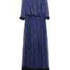 Cobalt blue silk chiffon ditsy floral print tie-front maxi dress with elasticated waistband
