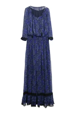 Cobalt blue silk chiffon ditsy floral print tie-front maxi dress with elasticated waistband