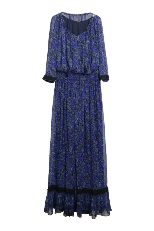 Cobalt blue silk chiffon ditsy floral print tie-front maxi dress with elasticated waistband