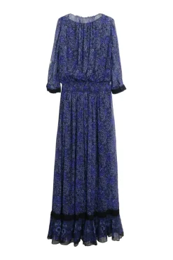 Cobalt blue silk chiffon ditsy floral print tie-front maxi dress with elasticated waistband