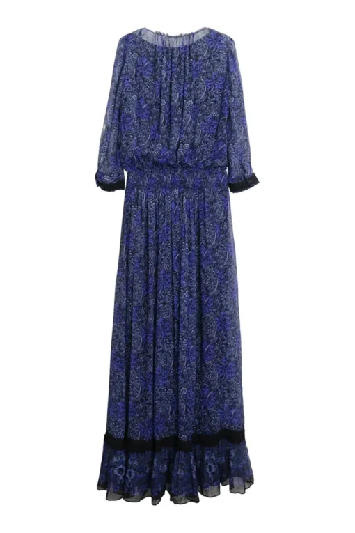 Cobalt blue silk chiffon ditsy floral print tie-front maxi dress with elasticated waistband