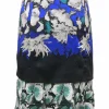 Cobalt blue silk mixed-media pull-on A-line midi skirt with floral guipure lace hem insert