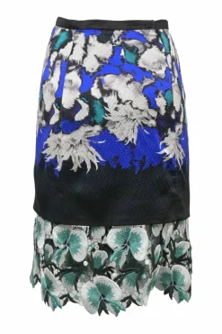 Cobalt blue silk mixed-media pull-on A-line midi skirt with floral guipure lace hem insert