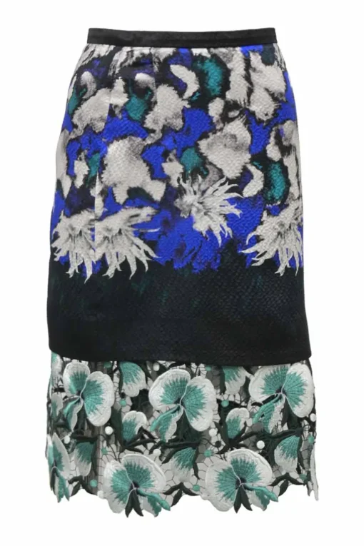 Cobalt blue silk mixed-media pull-on A-line midi skirt with floral guipure lace hem insert