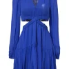 Cobalt blue silk plunge neck long sleeve open-back mini dress with side cutouts