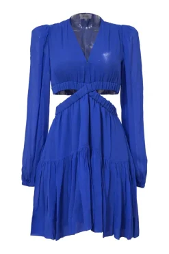 Cobalt blue silk plunge neck long sleeve open-back mini dress with side cutouts
