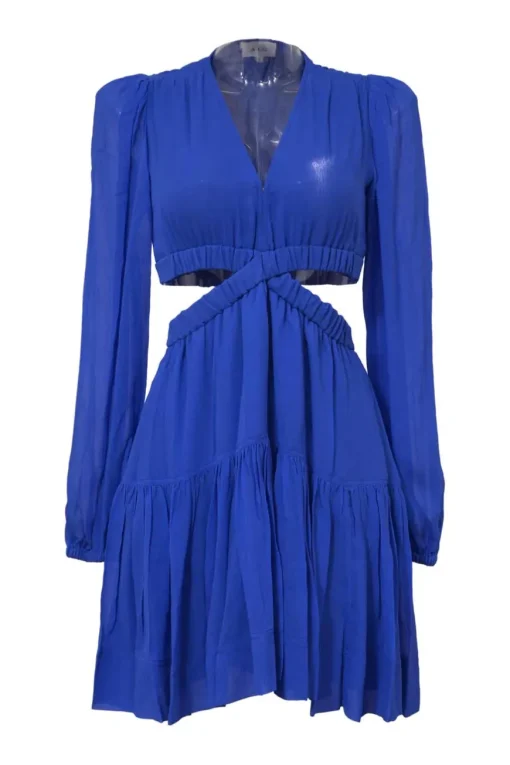 Cobalt blue silk plunge neck long sleeve open-back mini dress with side cutouts