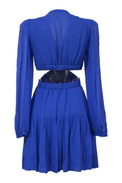Cobalt blue silk plunge neck long sleeve open-back mini dress with side cutouts