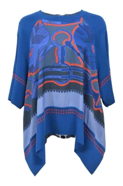 Cobalt blue silk 'Tatersale en Zigzag' Twillaine handkerchief tunic top featuring original artwork by Virginie Jamin and Henri d'Origny