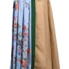 Colour-block floral and neutral cotton split high-waisted pleated midi-skirt with asymmetric hem