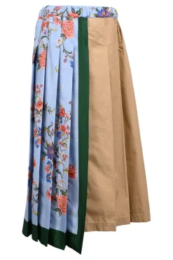 Colour-block floral and neutral cotton split high-waisted pleated midi-skirt with asymmetric hem