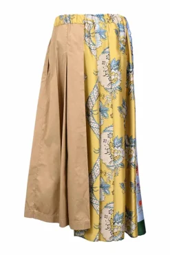 Colour-block floral and neutral cotton split high-waisted pleated midi-skirt with asymmetric hem