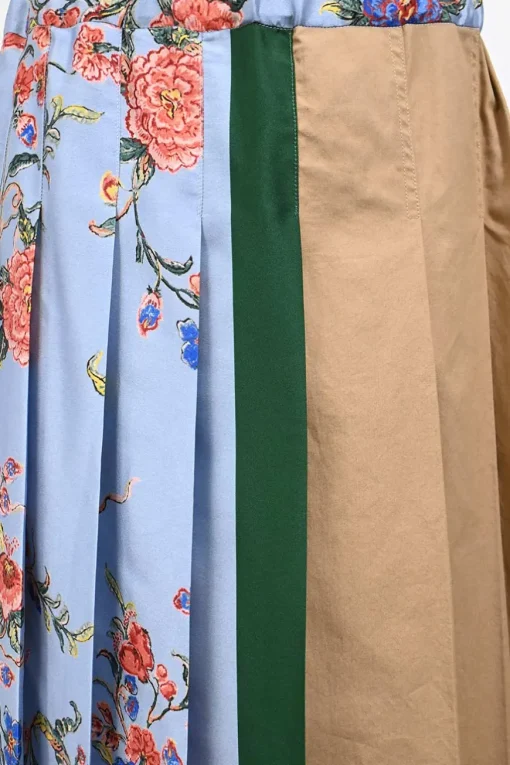 Colour-block floral and neutral cotton split high-waisted pleated midi-skirt with asymmetric hem