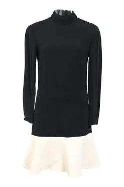 Colour-block viscose-blend high-neck long-sleeve dress with contrasting frilled hem