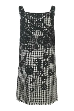 Contrast black and white tweed silk embellished with cotton floral lace overlay and fringe hem, squared-neckline shift dress with back zip closure