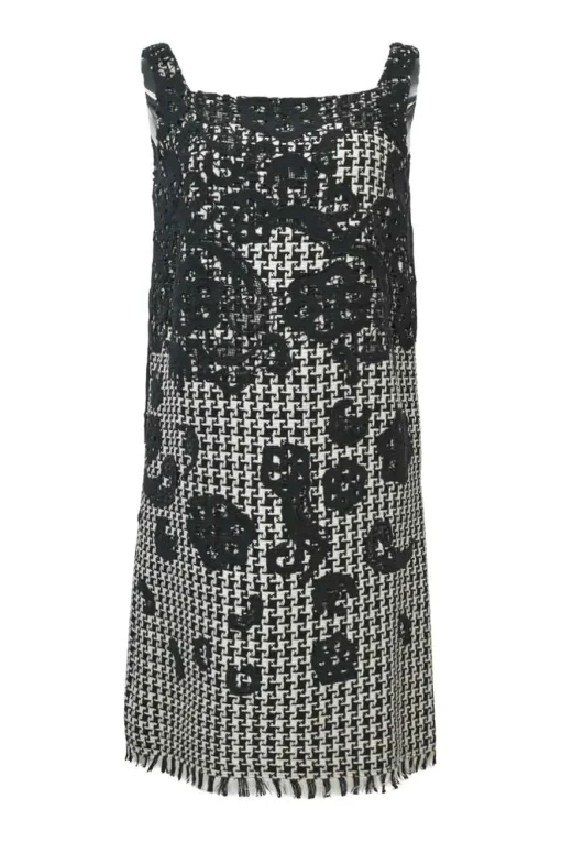 Contrast black and white tweed silk embellished with cotton floral lace overlay and fringe hem, squared-neckline shift dress with back zip closure