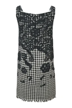 Contrast black and white tweed silk embellished with cotton floral lace overlay and fringe hem, squared-neckline shift dress with back zip closure