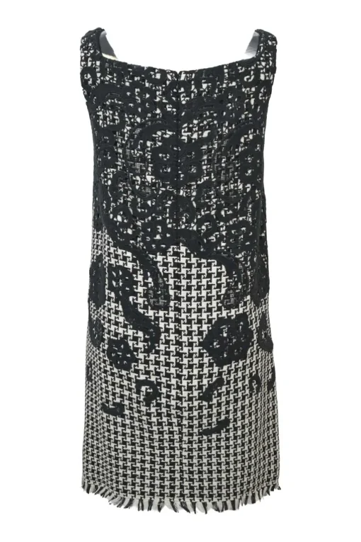 Contrast black and white tweed silk embellished with cotton floral lace overlay and fringe hem, squared-neckline shift dress with back zip closure