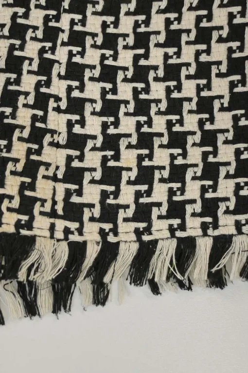 Contrast black and white tweed silk embellished with cotton floral lace overlay and fringe hem, squared-neckline shift dress with back zip closure
