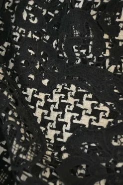 Contrast black and white tweed silk embellished with cotton floral lace overlay and fringe hem, squared-neckline shift dress with back zip closure