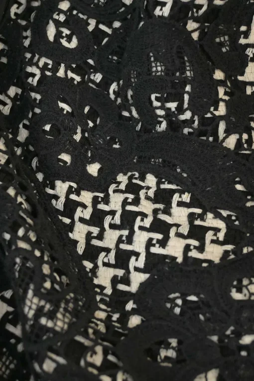 Contrast black and white tweed silk embellished with cotton floral lace overlay and fringe hem, squared-neckline shift dress with back zip closure