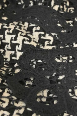 Contrast black and white tweed silk embellished with cotton floral lace overlay and fringe hem, squared-neckline shift dress with back zip closure