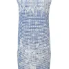 Contrast blue and white eyelet viscose blend floral applique sleeveless knee-length dress with silver-tone button trim on shoulder and keyhole opening back with decorative button closure