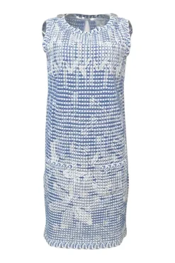 Contrast blue and white eyelet viscose blend floral applique sleeveless knee-length dress with silver-tone button trim on shoulder and keyhole opening back with decorative button closure