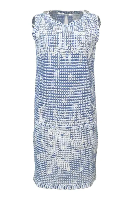 Contrast blue and white eyelet viscose blend floral applique sleeveless knee-length dress with silver-tone button trim on shoulder and keyhole opening back with decorative button closure