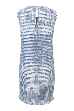Contrast blue and white eyelet viscose blend floral applique sleeveless knee-length dress with silver-tone button trim on shoulder and keyhole opening back with decorative button closure