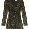 Copper and black metallic devoré zebra print wrap-effect mini dress with leg of mutton sleeves