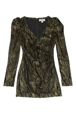 Copper and black metallic devoré zebra print wrap-effect mini dress with leg of mutton sleeves