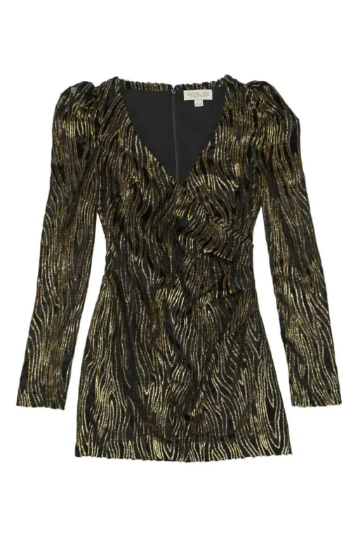 Copper and black metallic devoré zebra print wrap-effect mini dress with leg of mutton sleeves