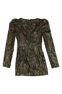 Copper and black metallic devoré zebra print wrap-effect mini dress with leg of mutton sleeves