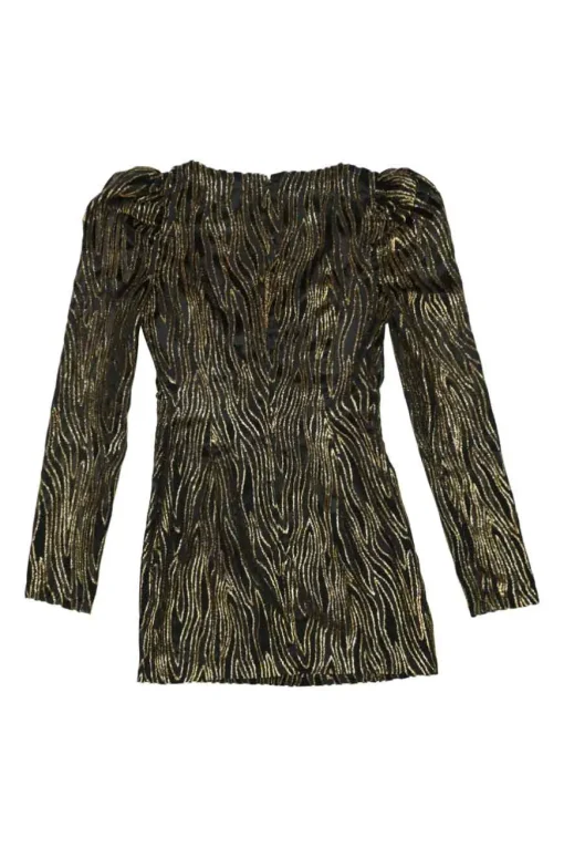 Copper and black metallic devoré zebra print wrap-effect mini dress with leg of mutton sleeves