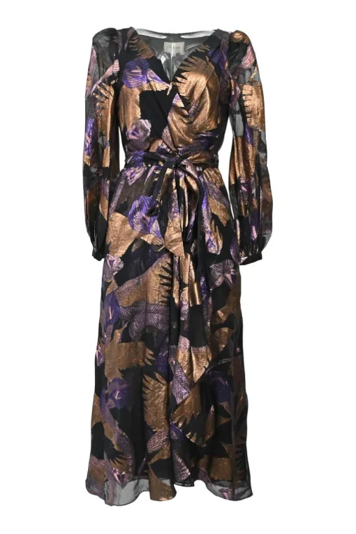 Copper and purple metallic silk-blend fil coupé jacquard wrap midi dress adjustable self-tie fastening at waist