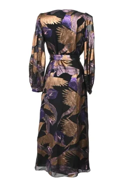 Copper and purple metallic silk-blend fil coupé jacquard wrap midi dress adjustable self-tie fastening at waist