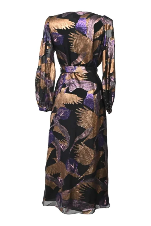 Copper and purple metallic silk-blend fil coupé jacquard wrap midi dress adjustable self-tie fastening at waist