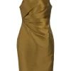 Copper draped polyester satin Orla one-shoulder sheath dress with tuck pleat detailing along waist