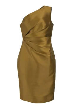 Copper draped polyester satin Orla one-shoulder sheath dress with tuck pleat detailing along waist