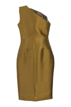 Copper draped polyester satin Orla one-shoulder sheath dress with tuck pleat detailing along waist