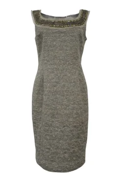 Copper embellished polyester-blend bouclé tweed square-neck sheath dress