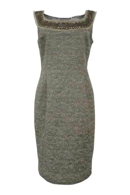 Copper embellished polyester-blend bouclé tweed square-neck sheath dress